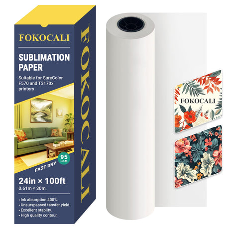 FOKOCALI 95gsm 24in x 100ft Dye Sublimation Paper for E*pson SureColor F570 Printer, Fast Dry Dye-Sublimation Paper Roll 2" Core FOKOCALI