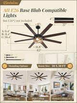 65 Inch Farmhouse Ceiling Fan with Lights & Remote Control, Quiet Reversible DC Motor, Wooden Blades, Seeded Glass Lampshade - Ideal for Bedroom, Living Room, Dining Room Fanbulous