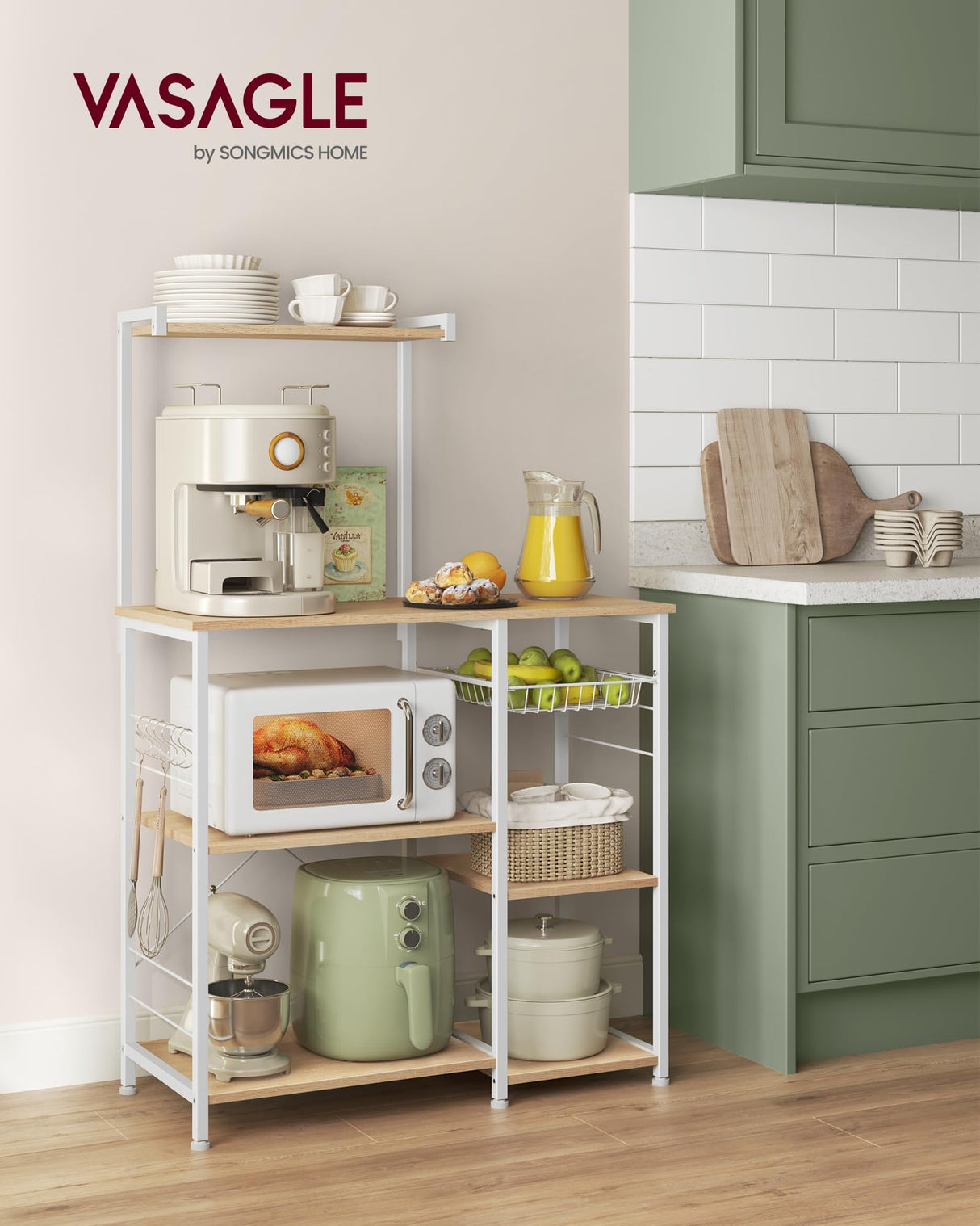 VASAGLE Baker's Rack, Microwave Stand, Kitchen Storage Rack with Wire Basket, 6 Hooks, and Shelves, for Spices, Pots, and Pans, Golden Oak and Cloud White UKKS035W09 VASAGLE
