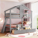 Harper & Bright Designs House Bunk Bed for Kids, Twin Over Twin Bunk Beds with Storage Drawers & Shelf, Solid Wood Bunk Bed with Roof & Window for Kids Girls Boys Teens,Gray Harper & Bright Designs
