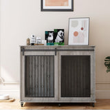 IchbinGo Large Dog Crate Furniture, 47" Wooden Dog Kennel with Sliding Barn Door, Flip-Top Lid & Wheels, Indoor Pet Crate Table with Detachable Divider for Small/Medium/Large Dogs (Rustic Grey) IchbinGo