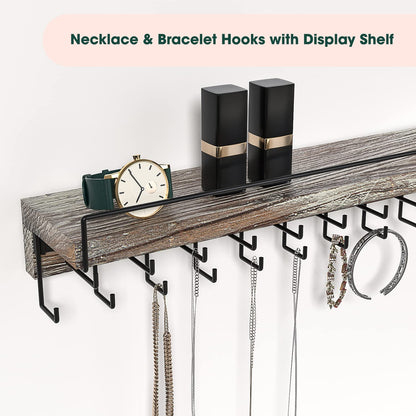 J JACKCUBE DESIGN Wall Mount Necklace Holder Jewelry Hanger with 23 Hook Necklace & Bracelet Racks, Rustic Farmhouse Wood Earring Display with Clear Acrylic - MK585A - WoodArtSupply