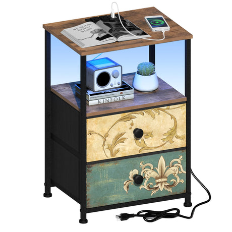 Tohomeor Nightstand with Charging Station USB Outlet and LED Light End Table Dresser with 2 Fabric Drawers Open Storage Shelf for Bedroom Living Room Sofa Beside (1, Multi) Tohomeor