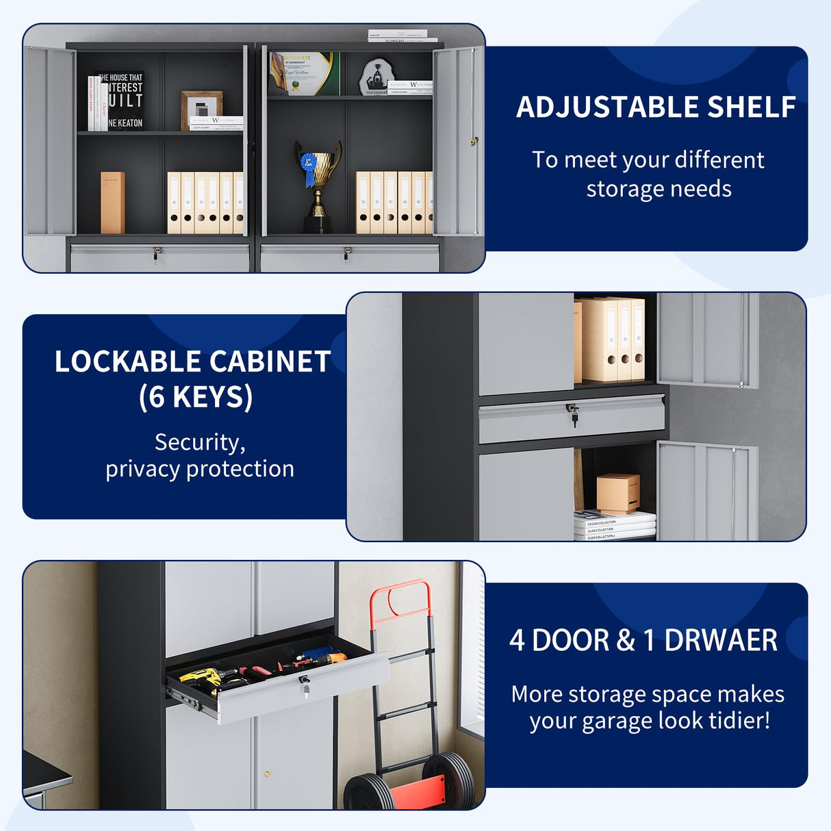 Yizosh Metal Garage Storage Cabinet with Locking Doors and Adjustable Shelves, Tool Storage Cabinet with 1 Drawer - 71" Steel Locking Cabinet for Garage, Warehouse (Gray Black) Yizosh