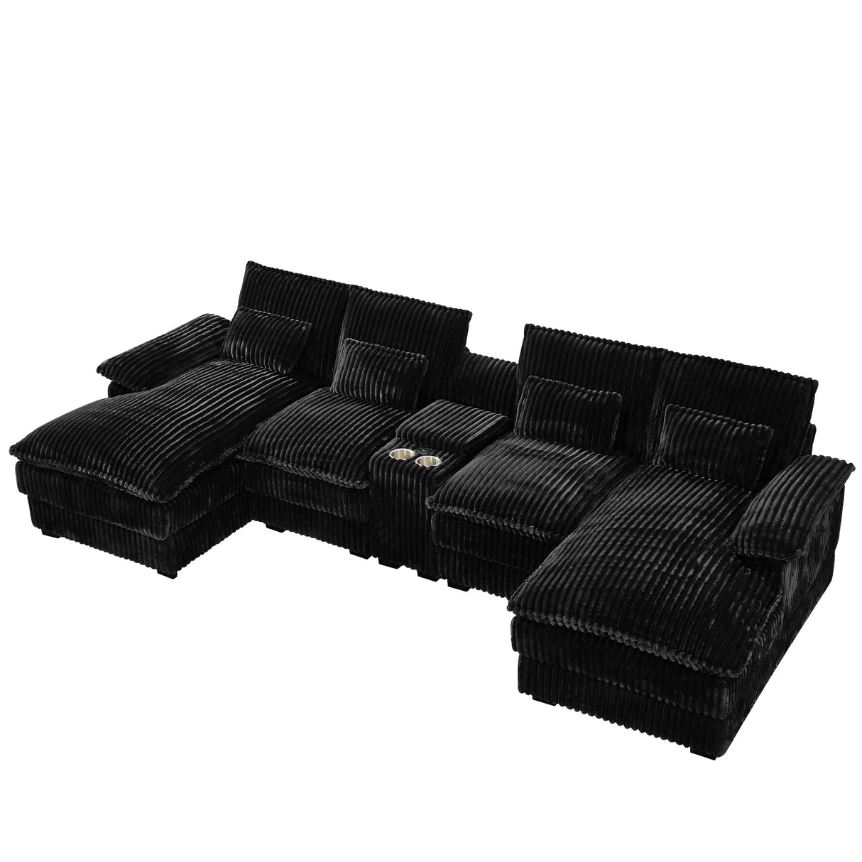HYJT-H&K 124" U Shaped Cloud Couch Sectional, Comfy Fluffy Plush Corduroy Black Sectional Couches for Living Room, Modern Modular Corduroy Couch Sectionals with Central Console & Double Chaise Lounge HYJT-H&K