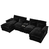 HYJT-H&K 124" U Shaped Cloud Couch Sectional, Comfy Fluffy Plush Corduroy Black Sectional Couches for Living Room, Modern Modular Corduroy Couch Sectionals with Central Console & Double Chaise Lounge HYJT-H&K