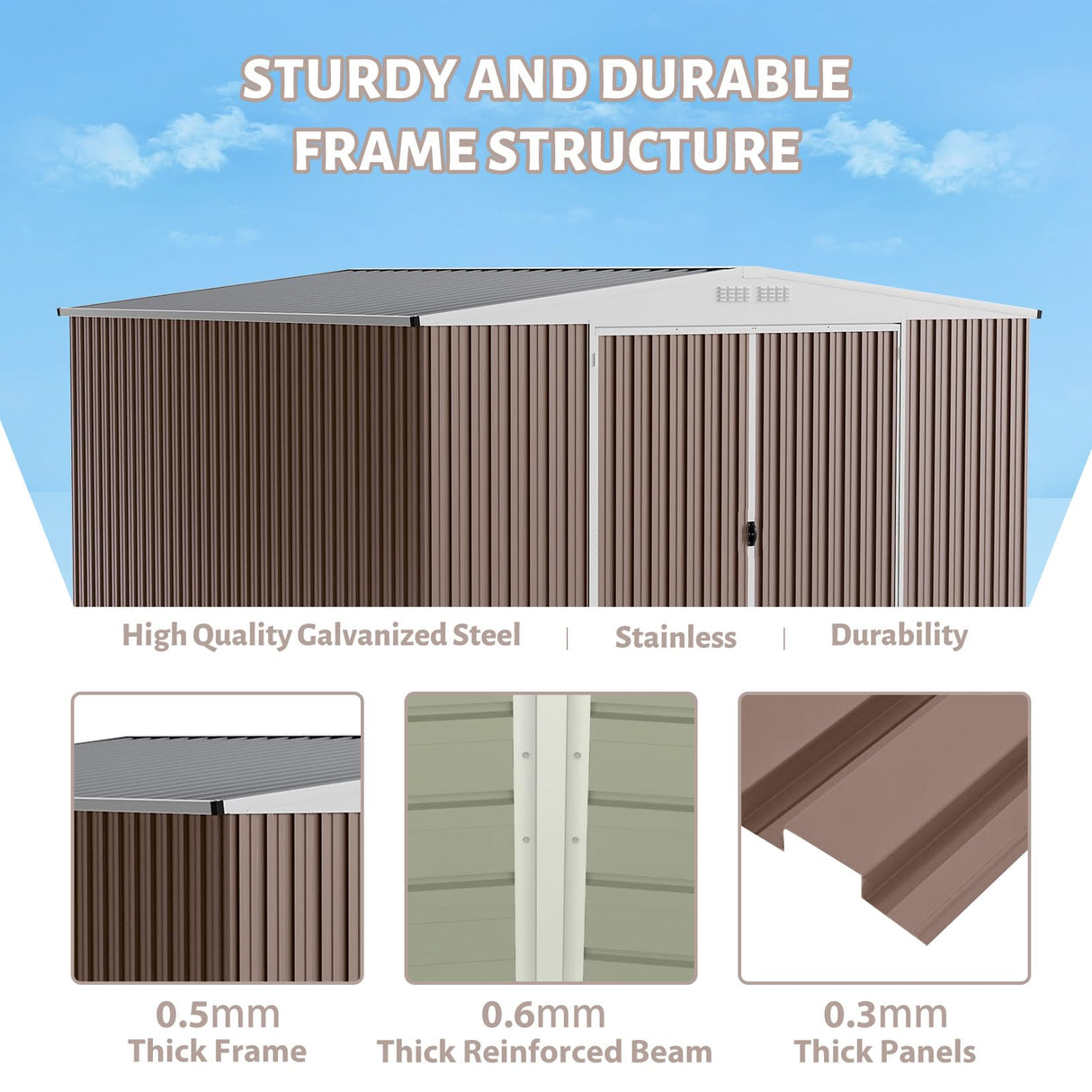 GarveeLife 10x10 Shed for Outdoor Storage, Galvanized Steel Metal Tool Sheds House with Lockable Doors, Lock & Air Vent, Large Utility Sheds for Patio Garden Lawn, Brown GarveeLife