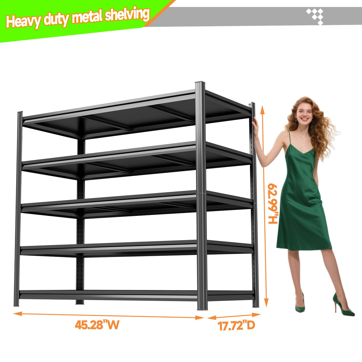 63"H Heavy Duty Garage Shelving Unit – 3000 lbs 5-Tier Adjustable Metal Storage Rack, Tool-Free Assembly, Rustproof Steel Organizer for Basement, Pantry, Warehouse, 45"W × 17.7"D × 63"H PRESTELION