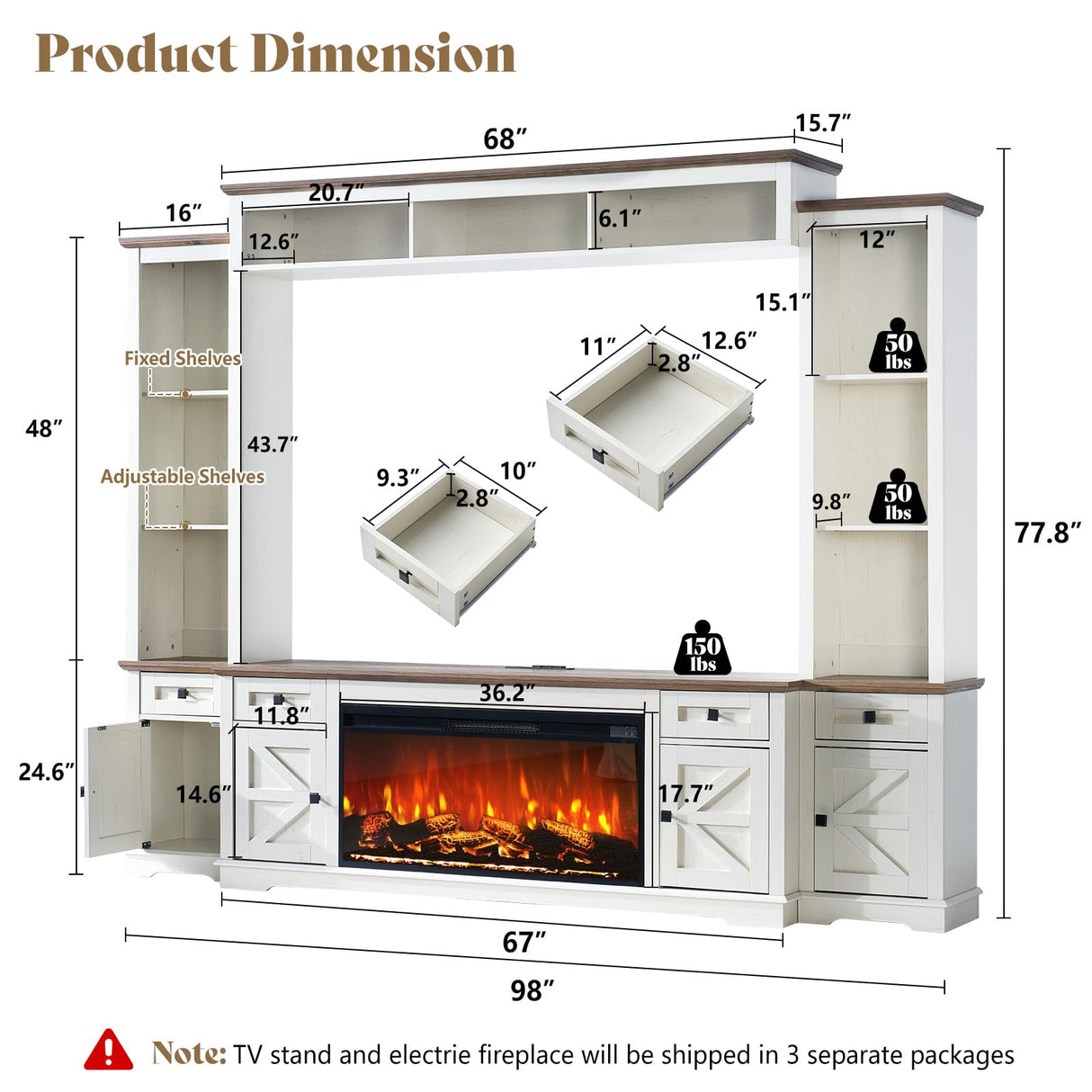 AMERLIFE 98in Farmhouse Entertainment Center with 36" Fireplace, TV Stand, Bookshelf, Wine Cabinet, Fits 78" TVs, Wall Unit Media Console with Power Outlets & Barn Doors, Living Room, Distressed White AMERLIFE