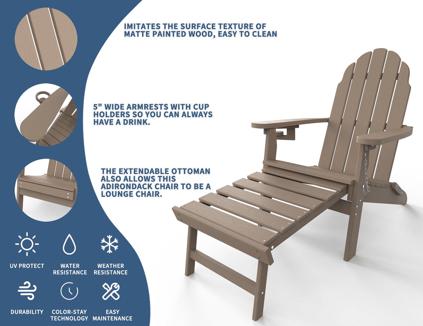 Adirondack Chair with Ottoman, Folding Adirondack Chair with Cup Holder, Weather Resistant, HDPE Pre-Assembled Outdoor Chairs for Porch, Pool, Deck, Backyard, Garden, Weathered Wood