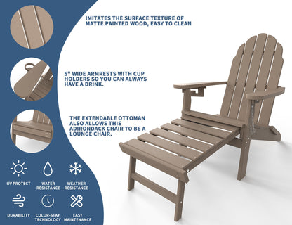 Adirondack Chair with Ottoman, Folding Adirondack Chair with Cup Holder, Weather Resistant, HDPE Pre-Assembled Outdoor Chairs for Porch, Pool, Deck, Backyard, Garden, Weathered Wood