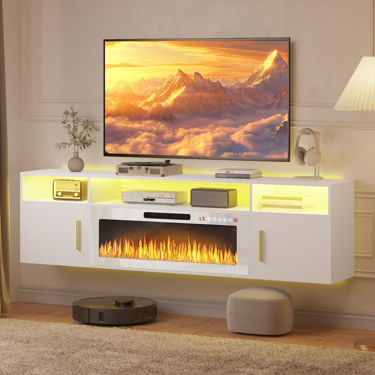 PUKAMI 70" Floating TV Stand with 36" Electric Fireplace,Wall Mounted Entertainment Center with LED Lights and Highlight Storage Cabinet for TVs up to 80" for Living Room (White and White) PUKAMI