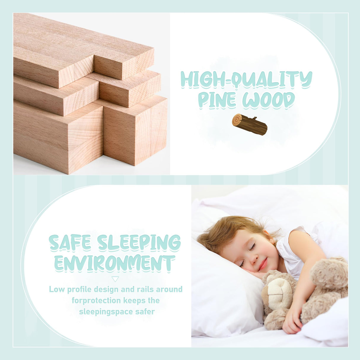 A ALFRESCOOL Full Size Montessori Floor Bed with Safety Guardrails and Convertible Door, Sturdy Pine Wood Floor Bed Frame with Wooden Supports Slats for Toddlers Kids Girls Boys Bedroom (Natural) A ALFRESCOOL