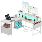 Lufeiya White L Shaped Computer Desk with Fabric Drawers, 47 Inch Corner Home Office Desk with Monitor Stand Shelves, Writing Study Gaming Desks with Led Lights and Power Outlets for Bedroom, White Lufeiya