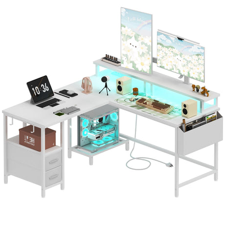 Lufeiya White L Shaped Computer Desk with Fabric Drawers, 47 Inch Corner Home Office Desk with Monitor Stand Shelves, Writing Study Gaming Desks with Led Lights and Power Outlets for Bedroom, White Lufeiya