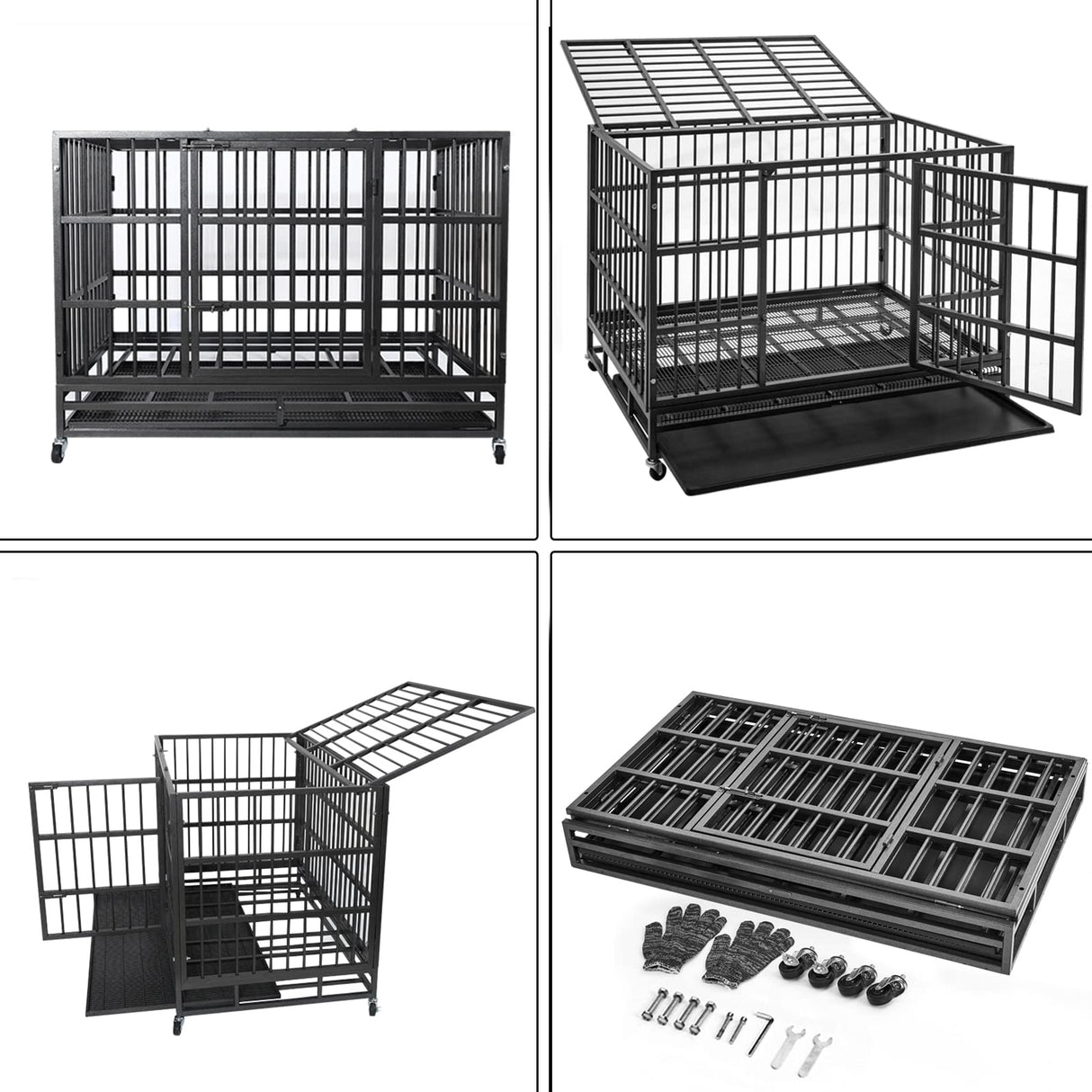 WOKEEN 48/38 Inch Heavy Duty Dog Crate Cage Kennel with Wheels, High Anxiety Indestructible, Sturdy Locks Design, Double Door and Removable Tray, Extra Large XL XXL WOKEEN
