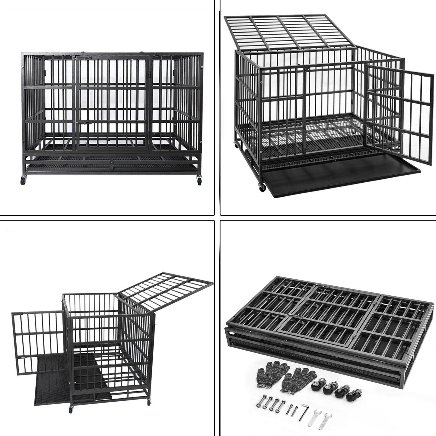 WOKEEN 48/38 Inch Heavy Duty Dog Crate Cage Kennel with Wheels, High Anxiety Indestructible, Sturdy Locks Design, Double Door and Removable Tray, Extra Large XL XXL