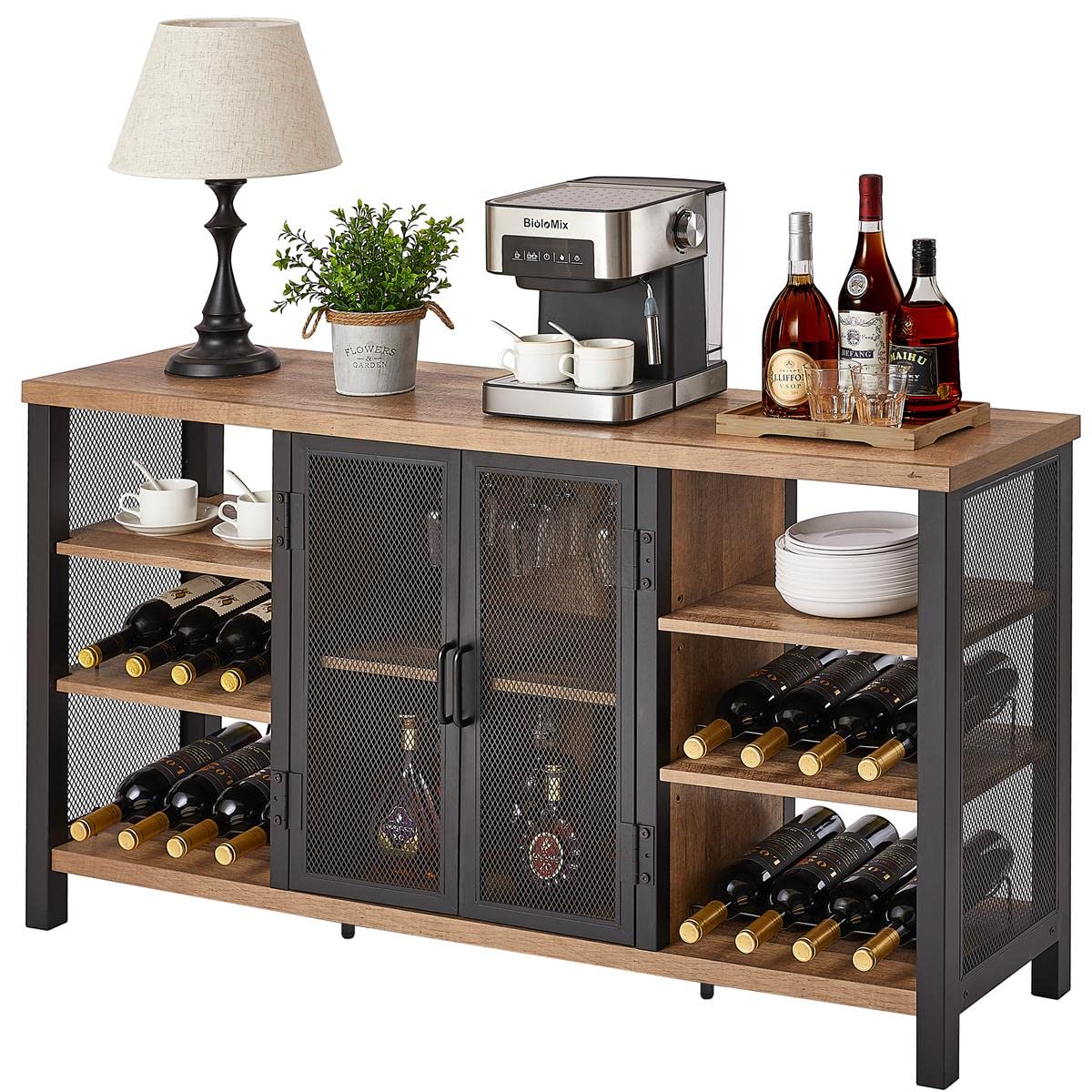 FATORRI Industrial Wine Bar Cabinet for Liquor and Glasses, Farmhouse Wood Coffee Cabinet with Wine Rack, Metal Sideboard and Buffet Cabinet (55 Inch, Rustic Oak) FATORRI