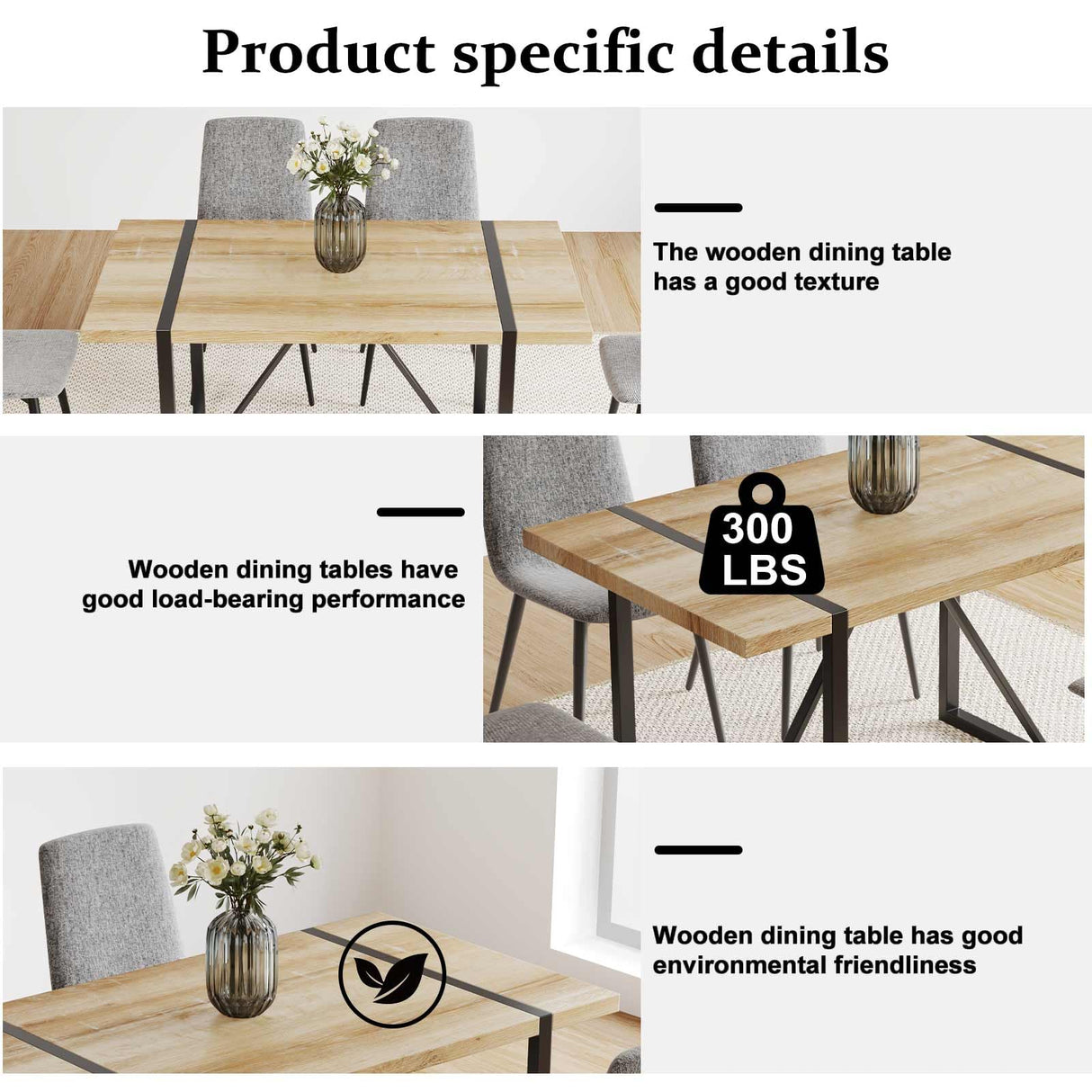 WIIS' IDEA Modern Dining Table Set for 4,Rectangular Solid Wood Dining Table for 4 People,Metal Base and Legs,Suitable for Living Room,Dining Room,Kitchen,55" Dining Table+4Gray Chair WIIS' IDEA