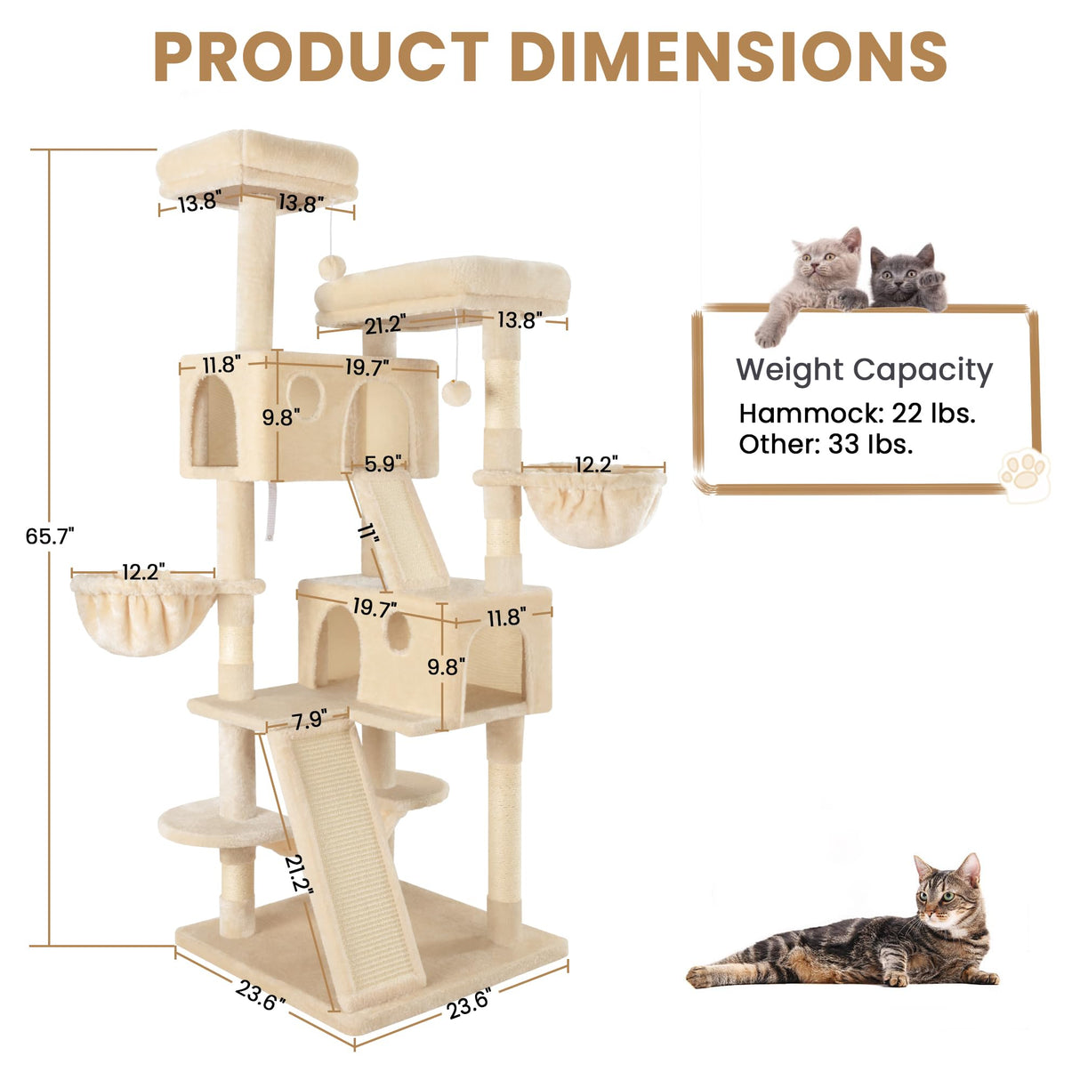 SHA CERLIN 65in Larger Cat Tree Tower Condo for Indoor Kitties/Multi-Level Furniture Activity Center with Wide Base/Cozy Plush Cat Perches/Baskets/Sisal Scratching Posts and Hammock/Beige SHA CERLIN
