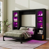 Queen Murphy Bed with Desk and Storage & LED Light, Solid Wood Hideaway Murphy Wall Bed with Storage Bookcase Shelves and Drawers for Adults (Black,Queen) MERITLINE