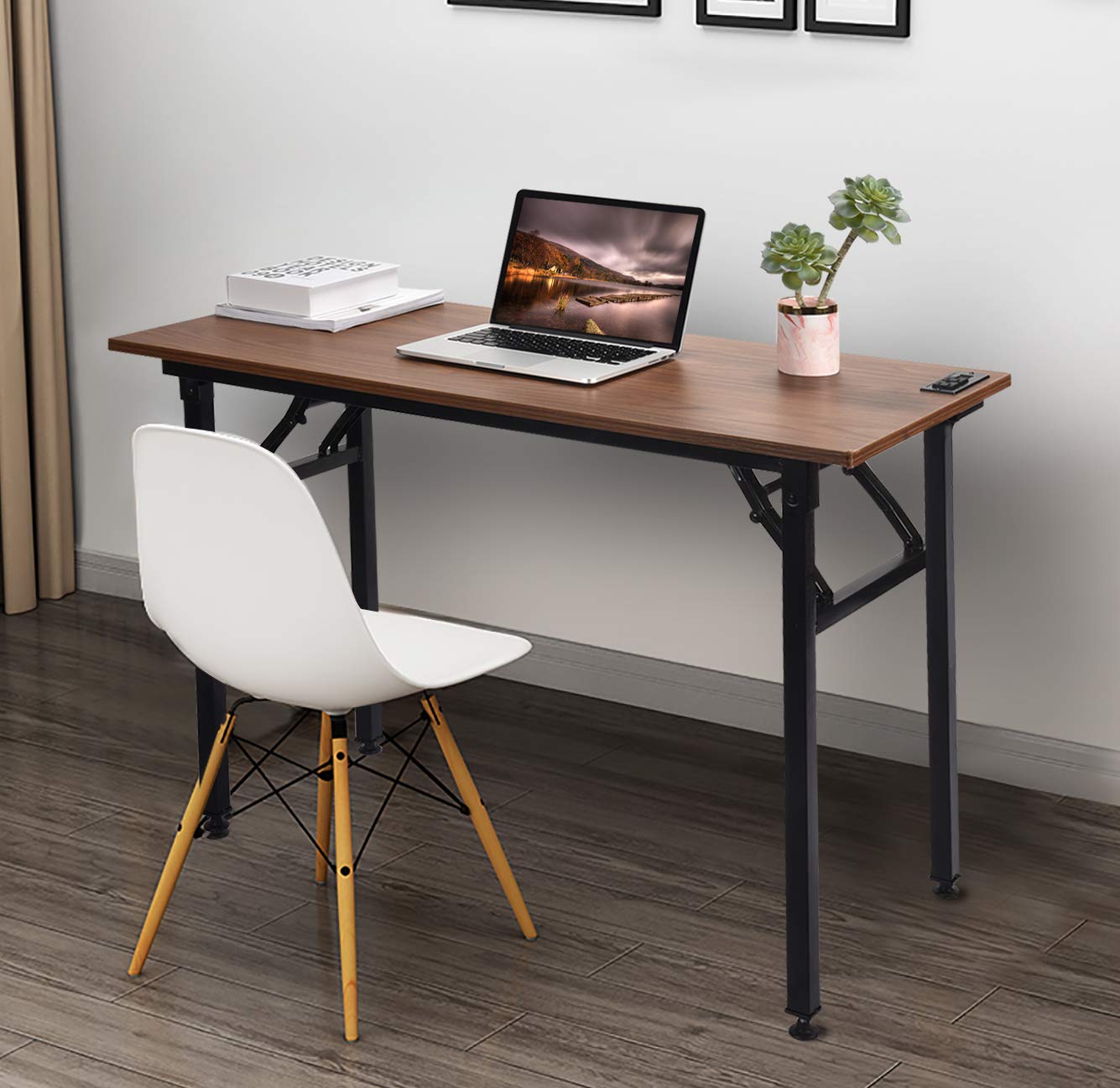 Frylr Small Folding Computer Desk 31.5''LX 15.7''X 29'' with 2 Power Sockets and 2.1A USB Charging Ports, Home Office Desk Portable Writing Desks for Small Space, Foldable Desk, Walnut - WoodArtSupply