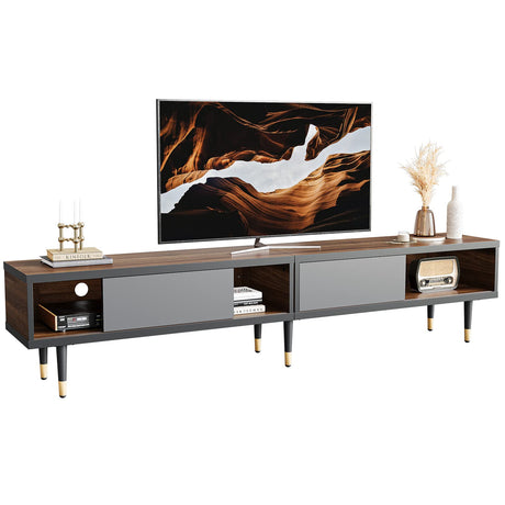 Bestier Mid Century Modern TV Stand for 85 inch tv, Entertainment Center with Storage and Sliding Doors, 2 in 1 Long TV Cabinet for Living Room, Ancona Walnut Bestier