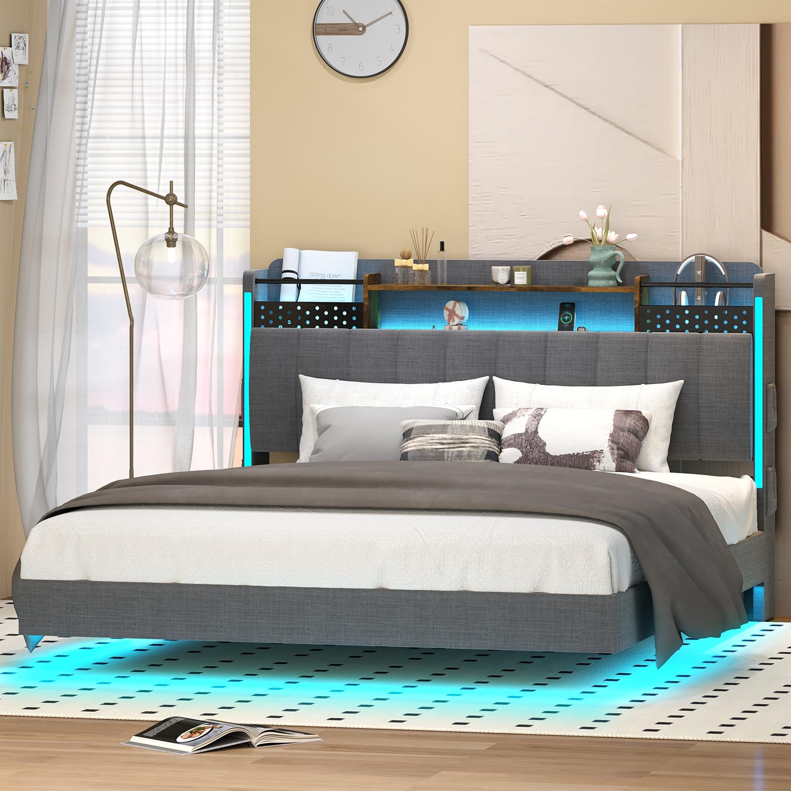 Full Size Floating Bed Frame with RGB Lighting, Charging Station & Hidden Storage in Dark Gray - WoodArtSupply