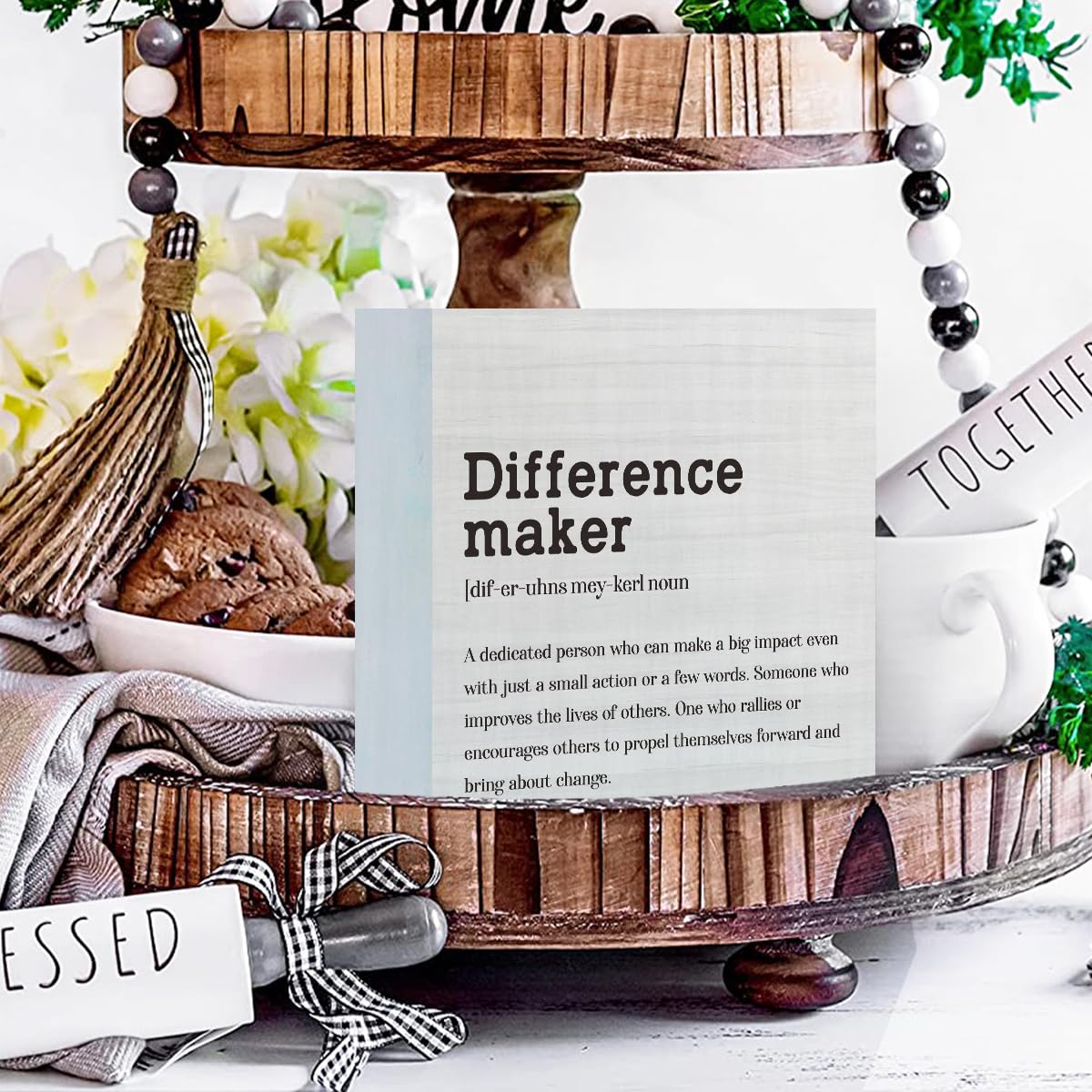 AOZHUO Difference Maker Definition Home Office Decor Wooden Box Sign, Motivational Farmhouse Decorative Positive Office Desk Accessories Wood Plaque Affirmations Wood Table Sign for TV Cabinet Shelf AOZHUO