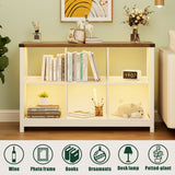FREDEES Farmhouse White Bookcase with LED Lights – Mid Century Modern 6-Cube Shelf for Versatile Storage and Display FREDEES