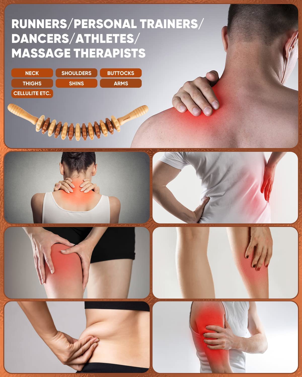 ONUEMP Wood Therapy Massage Tools, Wooden Bend Waist Thigh Massager & Muscle Roller Stick, Maderoterapia Colombiana Kit for Lymphatic Drainage, Anti Cellulite, Body Contouring/Shaping, Deep Tissue ONUEMP