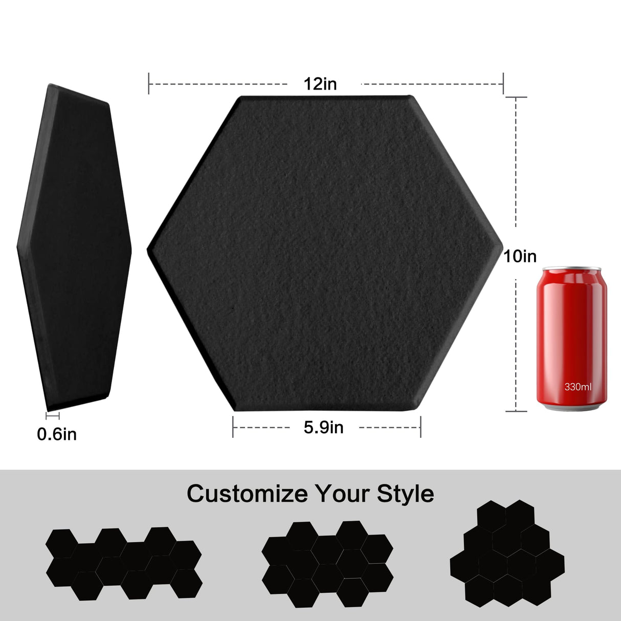 Shatex 12 Pack Hexagon Acoustic Panels,12" X 10" X 0.6" High Density Sound Absorbing Panels Reducing Noise and Improving Sound Quality,Suitable for Recording Rooms, Home Theaters and Offices (Black) Shatex