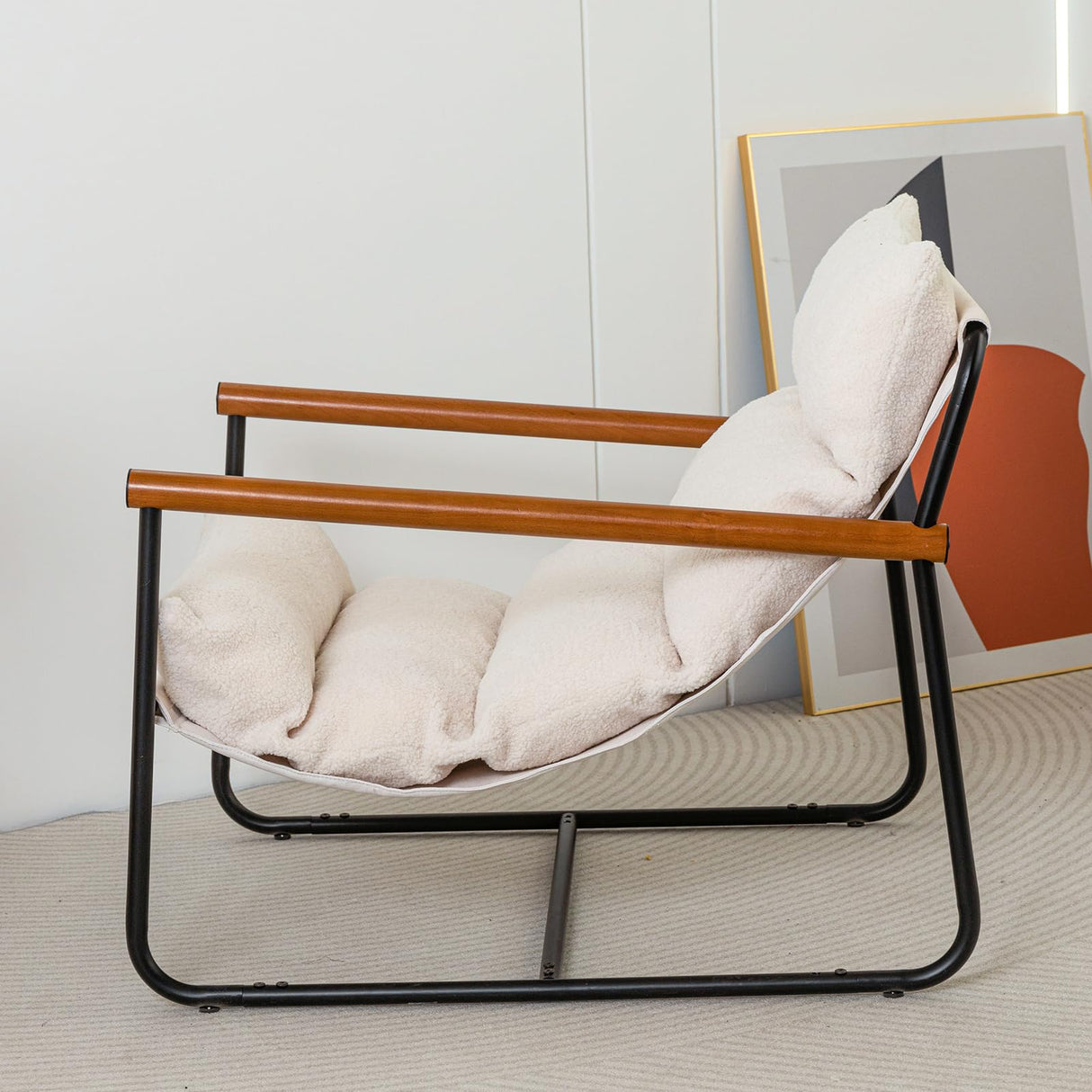 MAXYOYO Sherpa Accent Chair, Boucle Arm Chair Living Room Chair, Reading Accent Chair, Mid Century Modern Bedroom Chair,Teddy Armchair Wooden Arms Metal Frame MAXYOYO