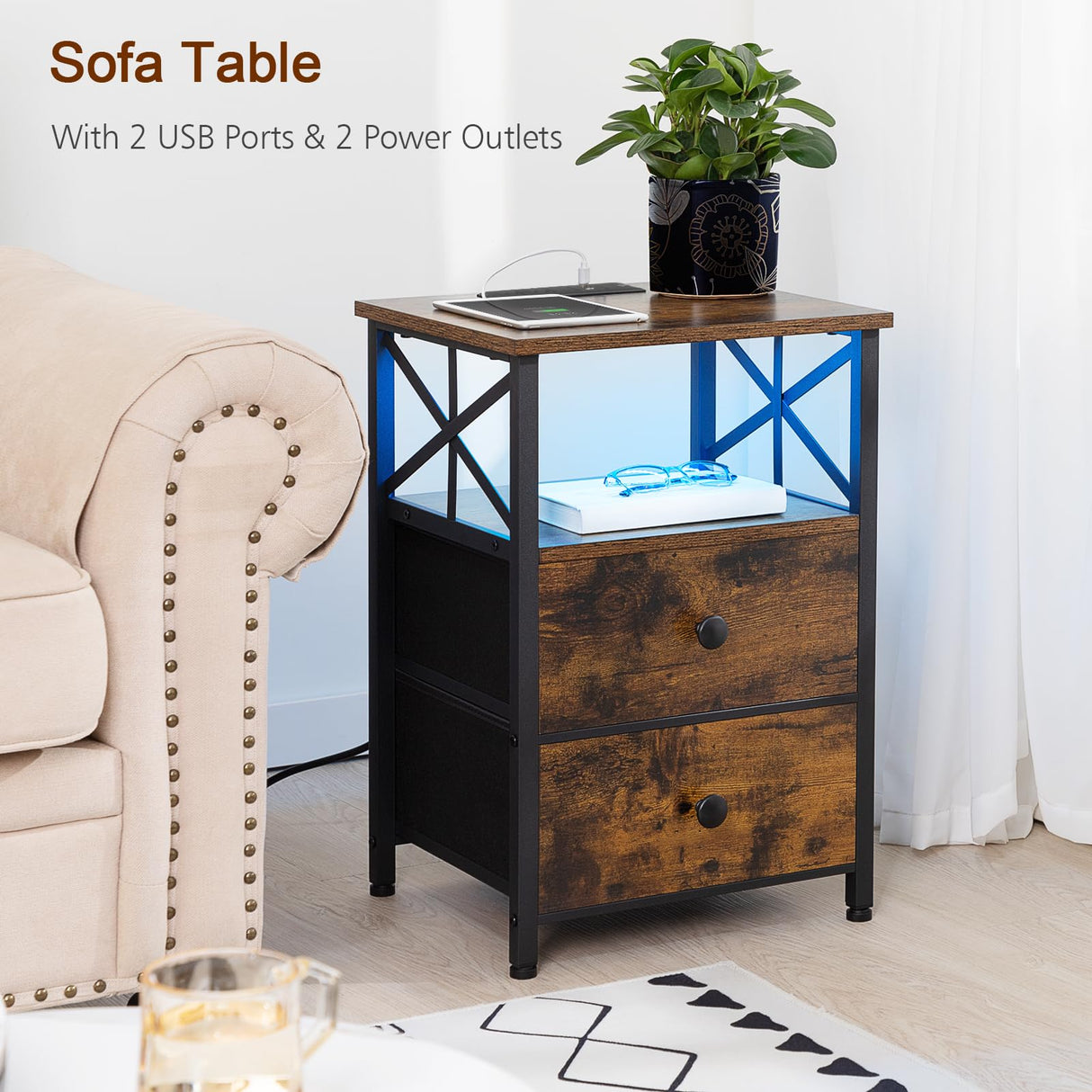 AMHANCIBLE Night Stand Set 2, LED Nightstand with Charging Station, End Tables Living Room with Fabric Drawers, Bedside Table for Bedroom, Rustic Brown, HET052LBR AMHANCIBLE