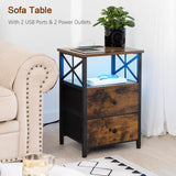 AMHANCIBLE Night Stand Set 2, LED Nightstand with Charging Station, End Tables Living Room with Fabric Drawers, Bedside Table for Bedroom, Rustic Brown, HET052LBR AMHANCIBLE