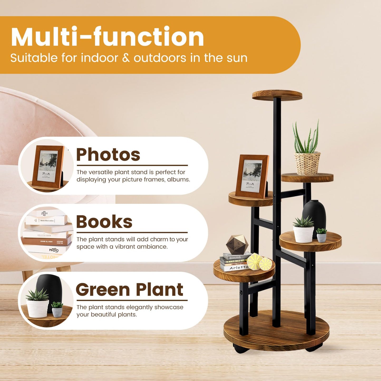 GEEBOBO 5 Tier Plant Stand With 4 Wheels, Metal Wood Tall Plant Stands For Indoor Plants Multiple, Corner Tiered Flower Plants Shelf Stand for Living Room Bedroom, Brown