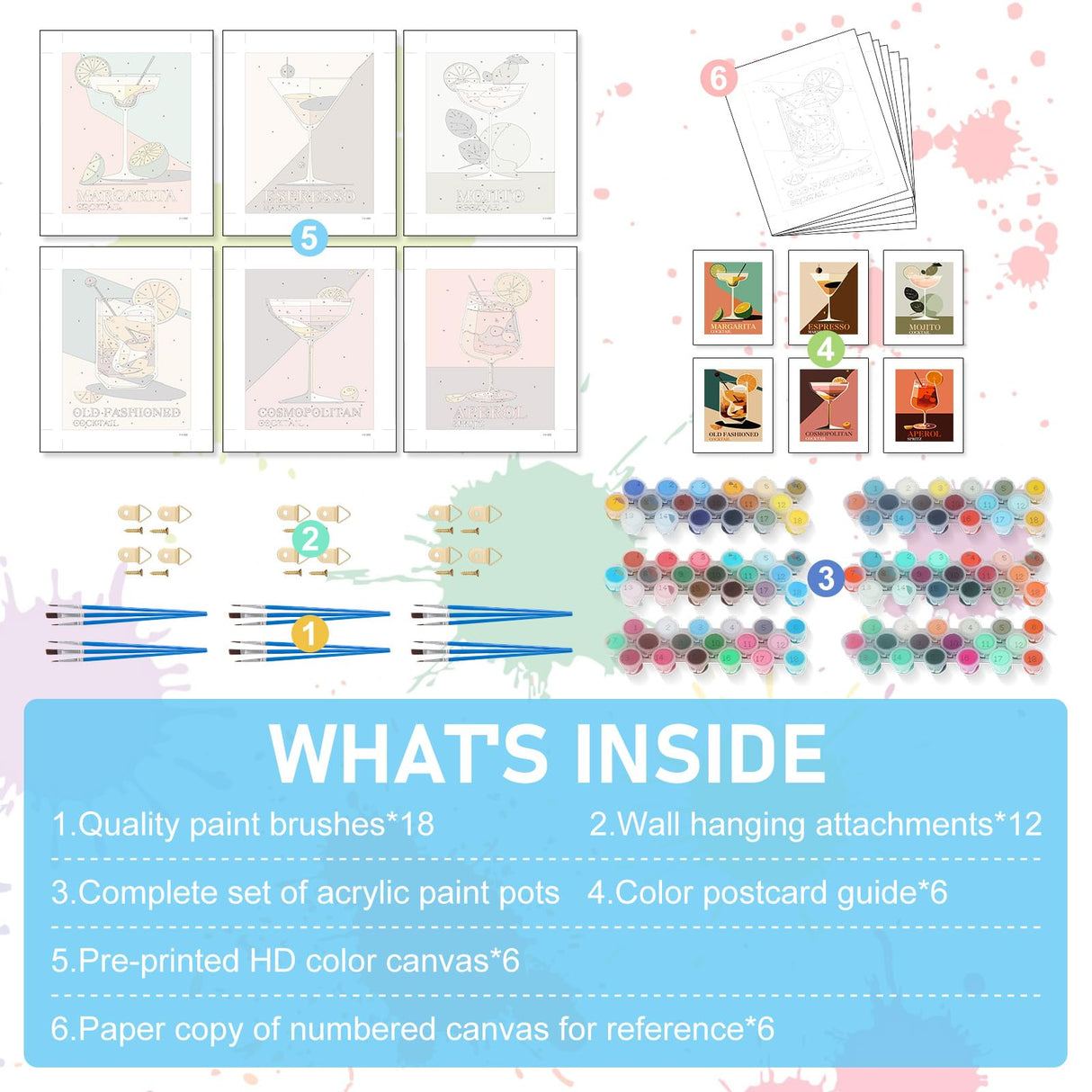 6 Pack Paint by Numbers Kit for Adults Beginners - 8x10 Inch Cocktail Adult Paint by Number Kits on Canvas, Cocktail DIY Acrylic Oil Number Painting Kits for Adults, Perfect for Gift Home Decor Offito