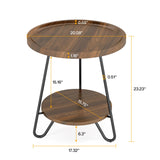 Tribesigns Set of 2 Round Side Table, 2-Tier End Table with Metal Legs, Modern Industrial Beside Table, Small Accent Table Snack Table for Living Room, Bedroom, Small Space, Brown Tribesigns