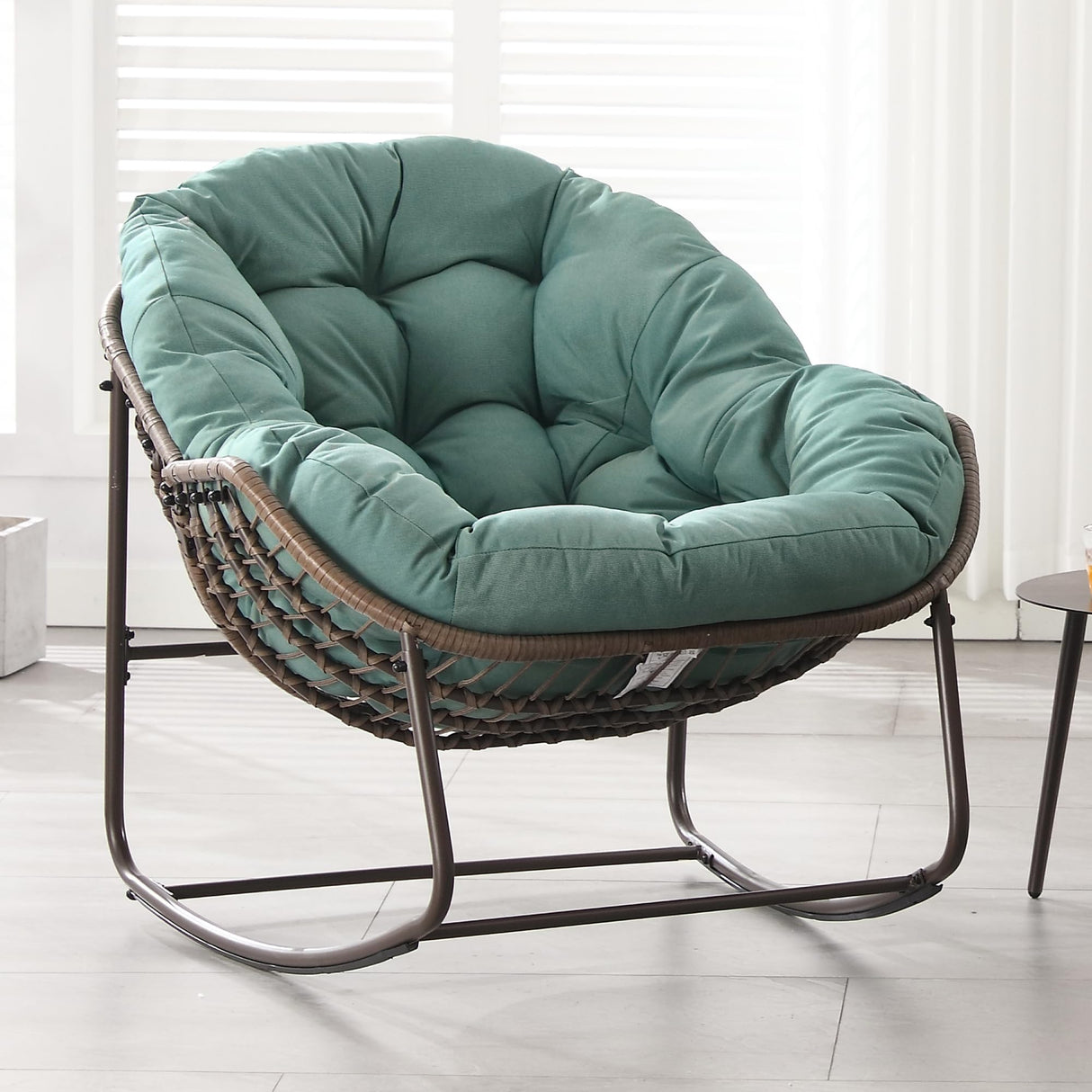 Villeston Outdoor Papasan Rocking Chair - Oversized Comfy Patio Chair Indoor Egg Royal Rattan Rocking Chair with Cushion for Front Porch Lounge Lawn Bedroom Living Room (Grass Green) Villeston