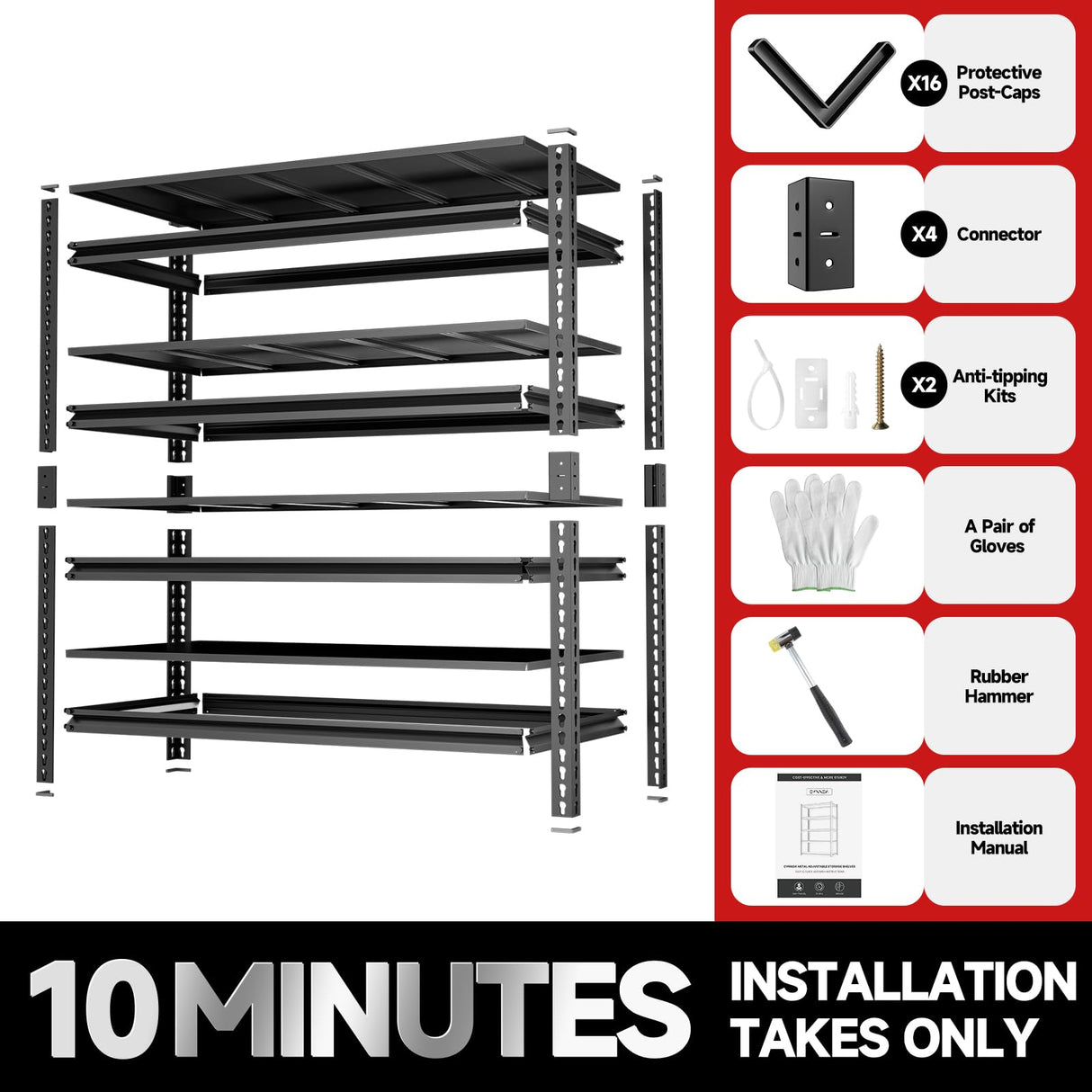 cynnda 4-Tier 40" W X 20" D X 60" H Storage Shelves 2500LBS Garage Shelving Metal Storage Shelf Adjustable Metal Racks with Shelves Heavy Duty Shelving Units and Storage Utility Shelf (Black) cynnda