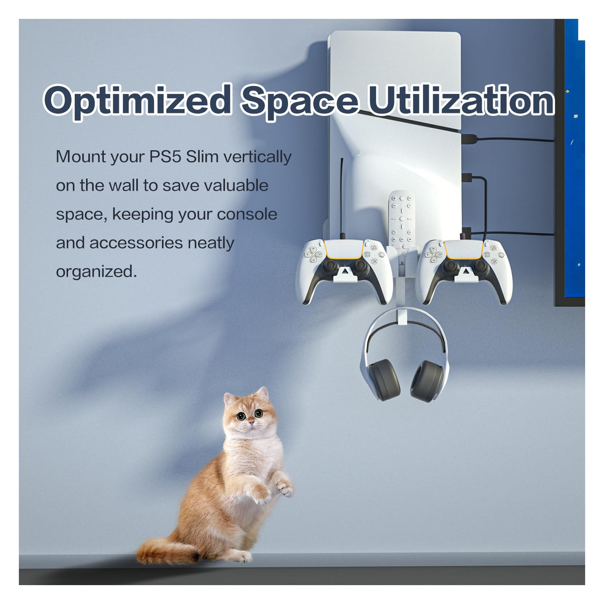 HEATFUN PS5 Slim Wall Mount Kit, Metal PS5 Slim Wall Shelf with Controller and Headphone Holder with 2-in-1 Magnetic Charging Cable - White HEATFUN