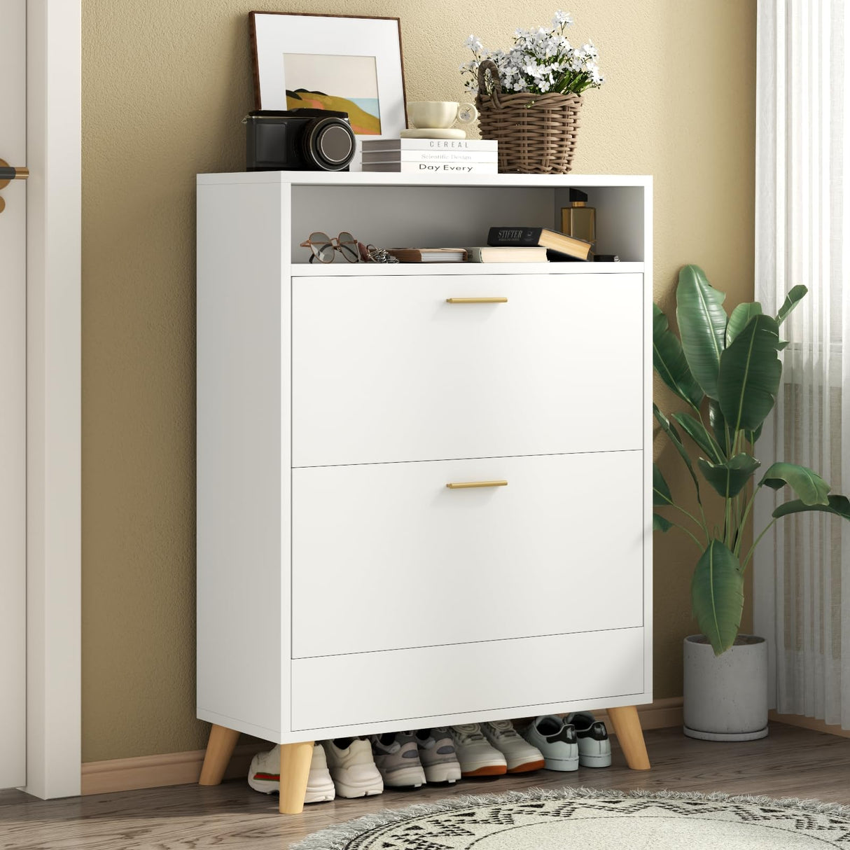 Gyfimoie Entryway Shoe Storage Cabinet with 2 Flip Drawers, FreestandingShoe Organizer for Entryway, Narrow Shoe Rack Cabinet (White) Gyfimoie