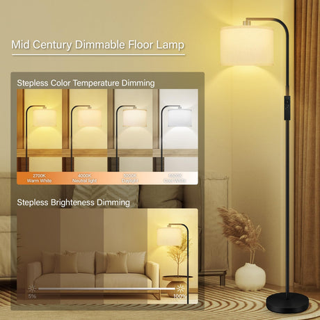 BoostArea Dimmable Floor Lamp for Living Room,Arc Sofa Lamps with Remote Control,Stepless Dimmable & Colors Temperature,2700k-6500k,67 in,Tall Modern Standing Lamp for Bedroom Study Room Office,White BoostArea