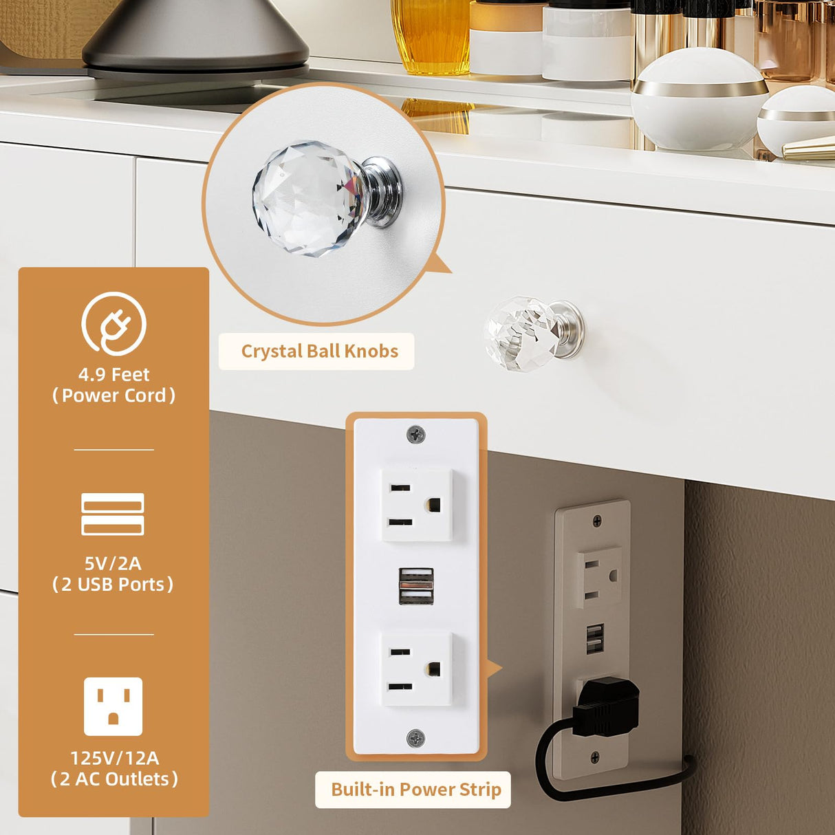 VOWNER Vanity with Lighted Mirror - Makeup Vanity Desk with Glass Top, 7 Drawers and Power Outlet, 3 Color Lighting Modes Adjustable Brightness, 44" Vanity Table with Stool for Women Girls, White VOWNER