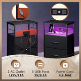 WLIVE LED Nightstand Set of 2 with Charging Station, Black Night Stand with 3 Fabric Drawers and Storage Shelf, Small Dresser for Small Space, 31.9" H Side Table with USB Ports and Outlets for Bedroom WLIVE