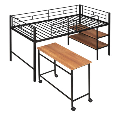 Harper & Bright Designs Low Loft Bed with Desk, Twin Size Metal Loft Bed Frame with Storage Shelves for Kids (Twin Size, Black)