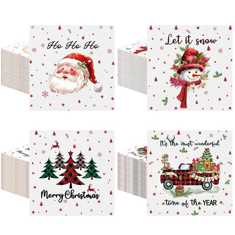 Fulmoon 200 Pcs Christmas Cocktail Paper Napkins Disposable 2 Ply Santa Beverage Napkins Decoupage Xmas Tree Towel for Christmas Party Dinner Table Supplies (Classic Style) Fulmoon