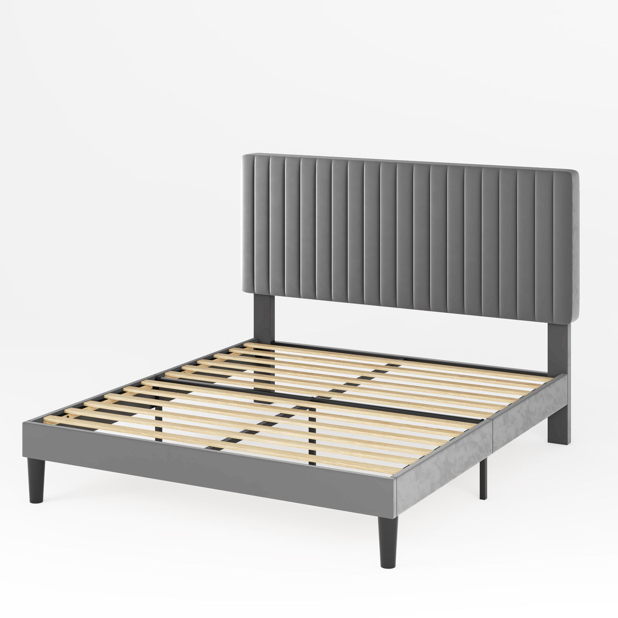 Allewie Full Bed Frame, Velvet Upholstered Platform Bed with Adjustable Vertical Channel Tufted Headboard, Mattress Foundation with Strong Wooden Slats, Box Spring Optional, Easy Assembly, Grey Allewie