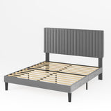 Allewie Full Bed Frame, Velvet Upholstered Platform Bed with Adjustable Vertical Channel Tufted Headboard, Mattress Foundation with Strong Wooden Slats, Box Spring Optional, Easy Assembly, Grey Allewie