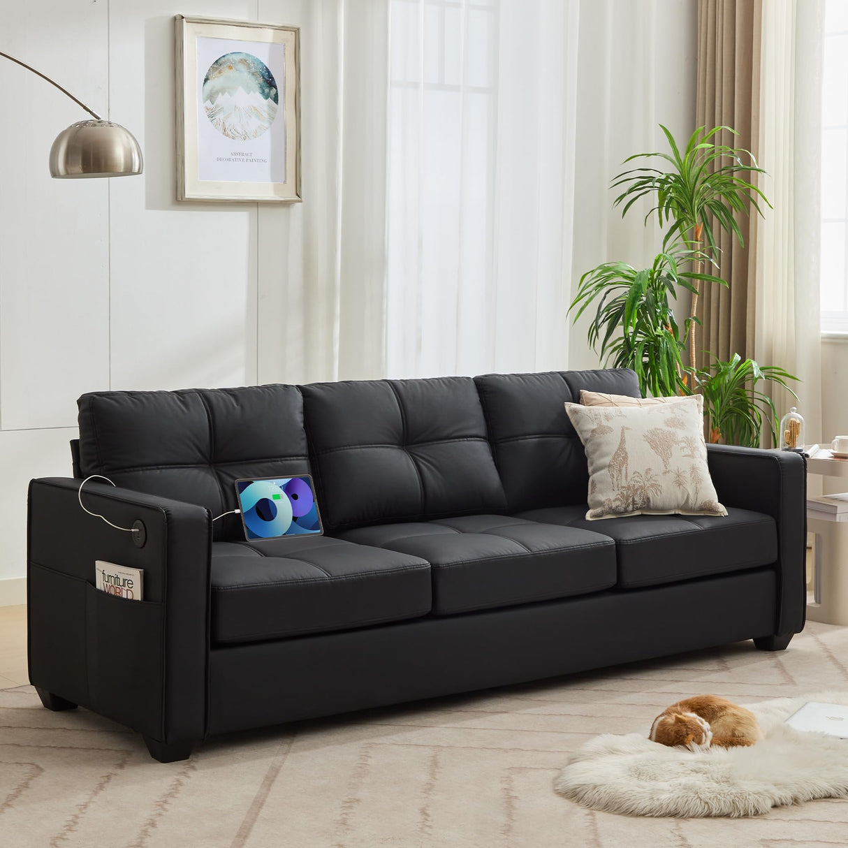 TYBOATLE 88" W Black Faux Leather Sofa Couches for Living Room, Mid-Century Modern Tufted Comfy Small Loveseat w/USB and Wide Arms, 3 Seater Office Cloud Couch for Small Space Apartment Bedroom TYBOATLE